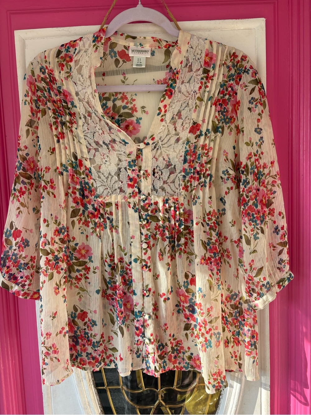 Motherhood Maternity Floral Lace Cream Blouse with Pink & Blue Flowers